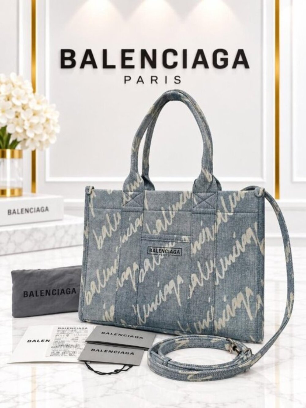 Authentic Balenciaga Blue Denim Signature Logo Everyday Tote Crossbody Bag
